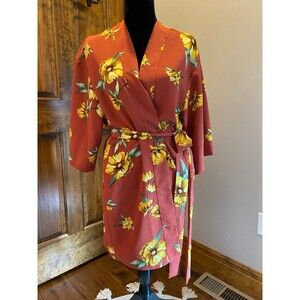 Forever 21 Womens Size Small Beautiful Rich Rust Floral Womens Tie Robe w/Pocket